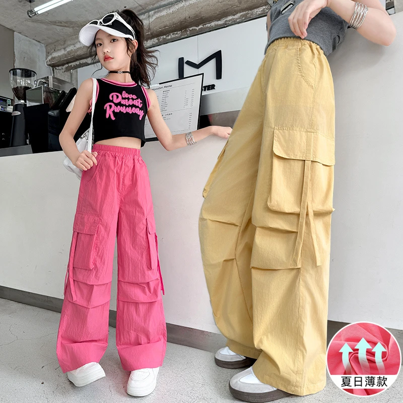 女童夏季薄款工装裤2025新款休闲宽松直筒阔腿裤大童夏装儿童裤子