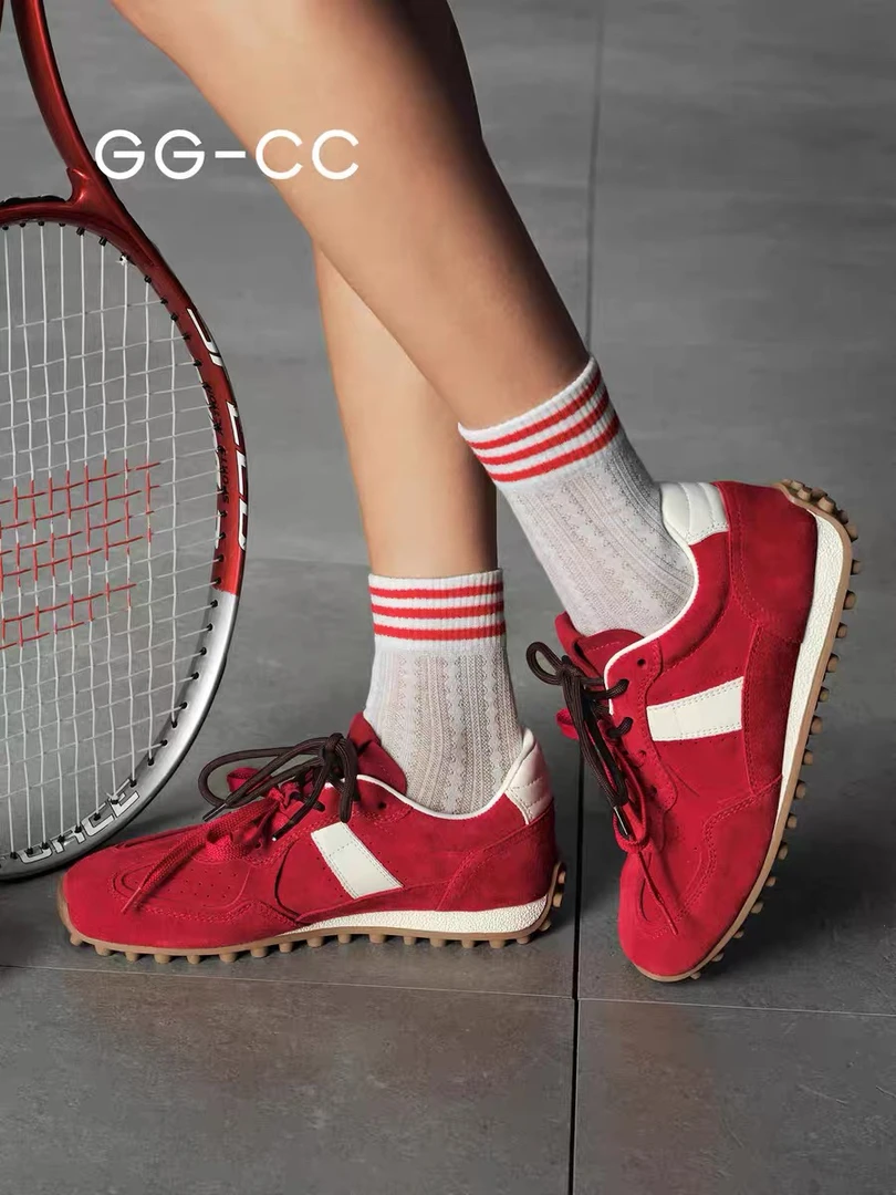 GGCC2025年夏季新款运动休闲拼色德训鞋女红色软底阿甘鞋复古板鞋