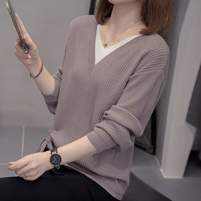 遮肉显瘦v领假两件针织上衣女春秋毛衣设计感减龄长袖内搭打底衫