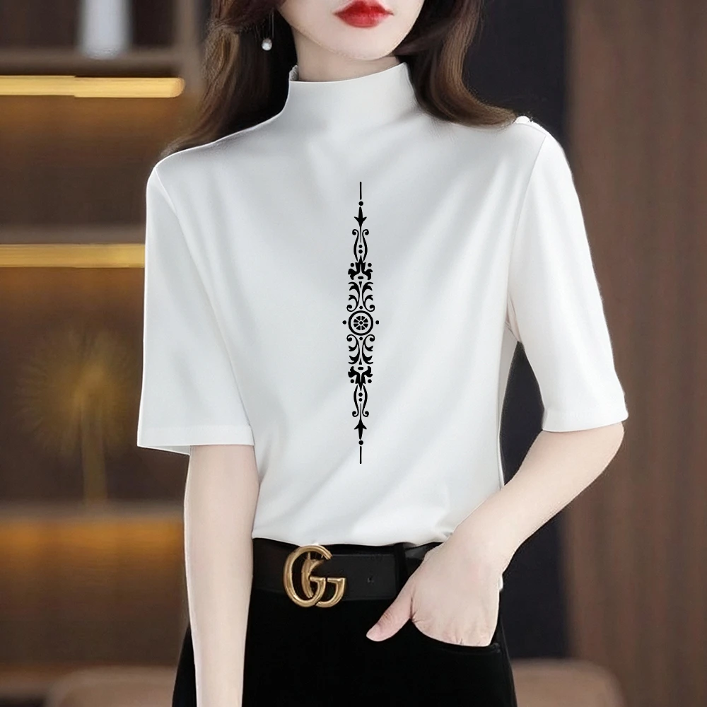 纯棉t恤衫春夏季2025年新款半高领宽松休闲简约洋气大码女士中袖