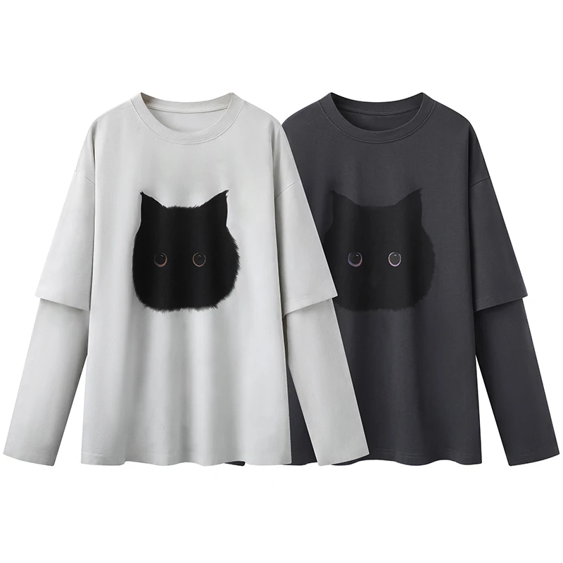 【Y2768】春新品轻奢风设计师款圆领卡通印花百搭宽松显瘦长袖T恤女