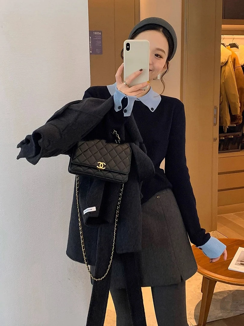 那简家「减龄」法式别致翻领polo拼色厚实显瘦针织衫