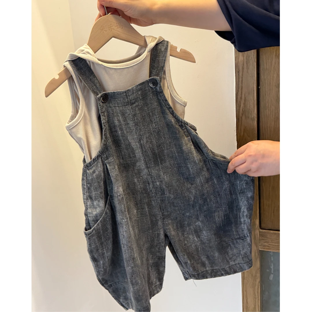 儿童夏款休闲帽衫棉麻背带裤FK070