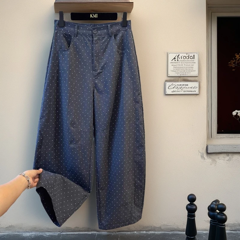深蓝色波点休闲阔腿裤女夏季大码宽松胖mm梨形身材九分西裤NZ163