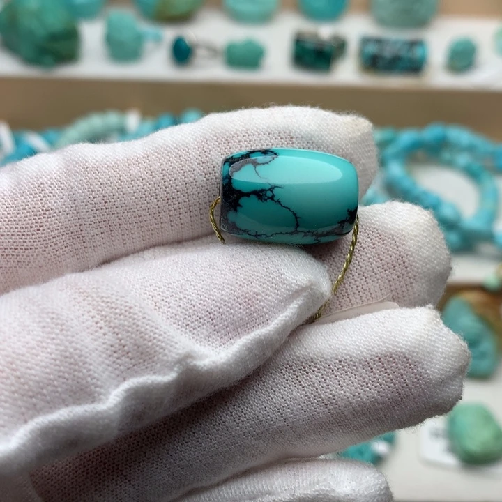 绿松石未镶嵌珠宝奇石高瓷蓝绿水草纹桶珠12.8*17.6mm