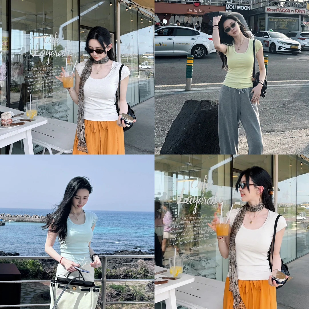 菠萝宝宝yuna【诗尔】夏天纯色修身U领小飞袖正肩显瘦款短袖T恤YD19