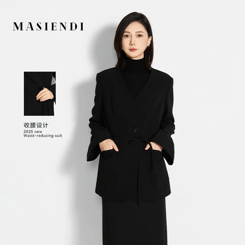 玛丝恩迪新款大V领系带花瓣袖气质百搭女士西服430666