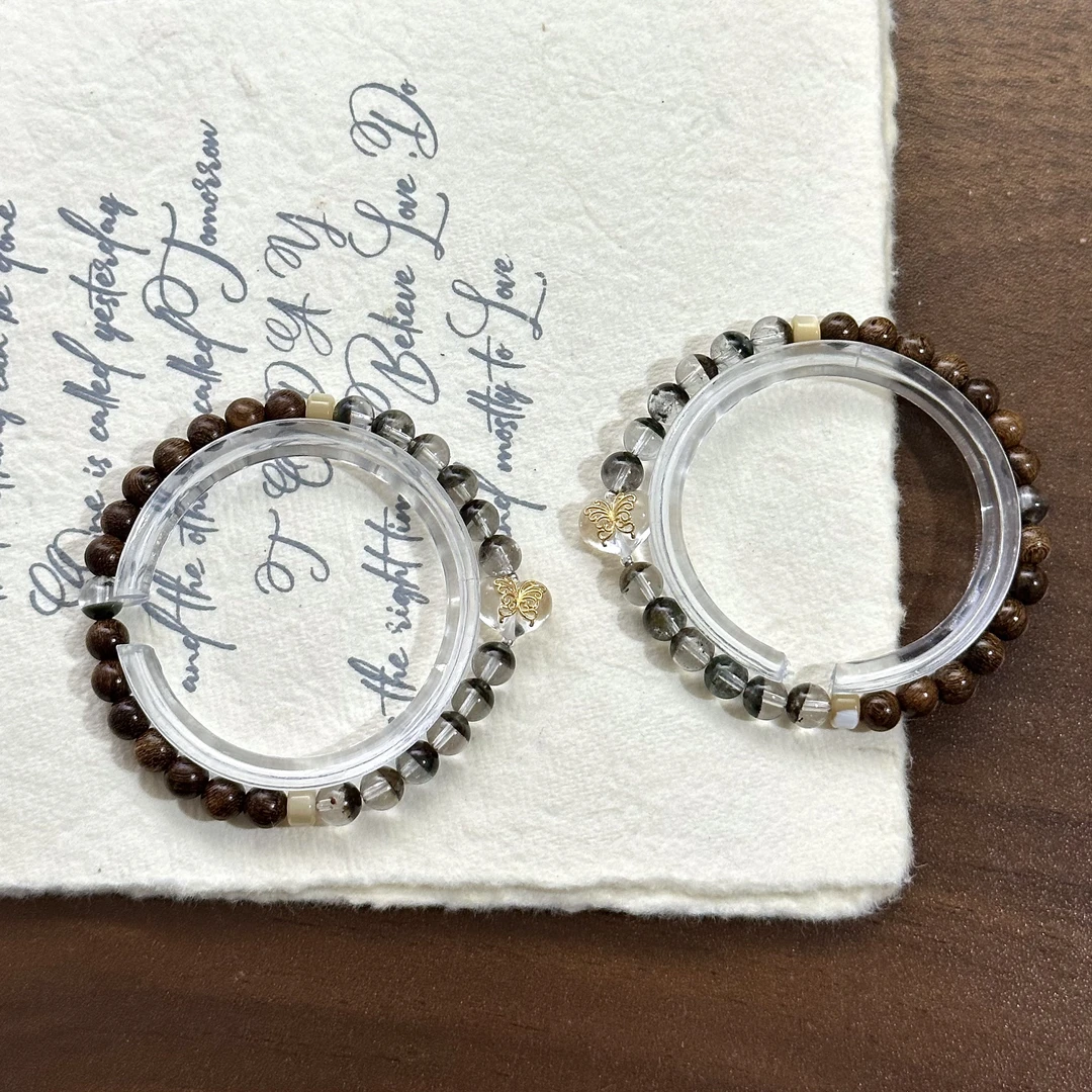 天然半盆幽灵+金丝檀木+白水晶爱心925银配饰手串 6mm