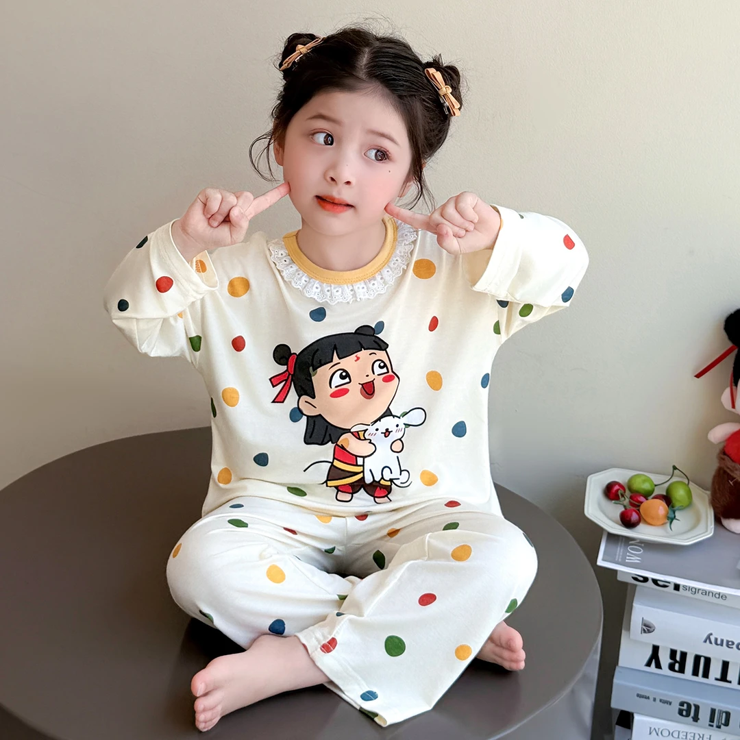 哪吒女童睡衣莫代尔夏季2025新款长袖薄款宝宝女孩儿童空调家居服