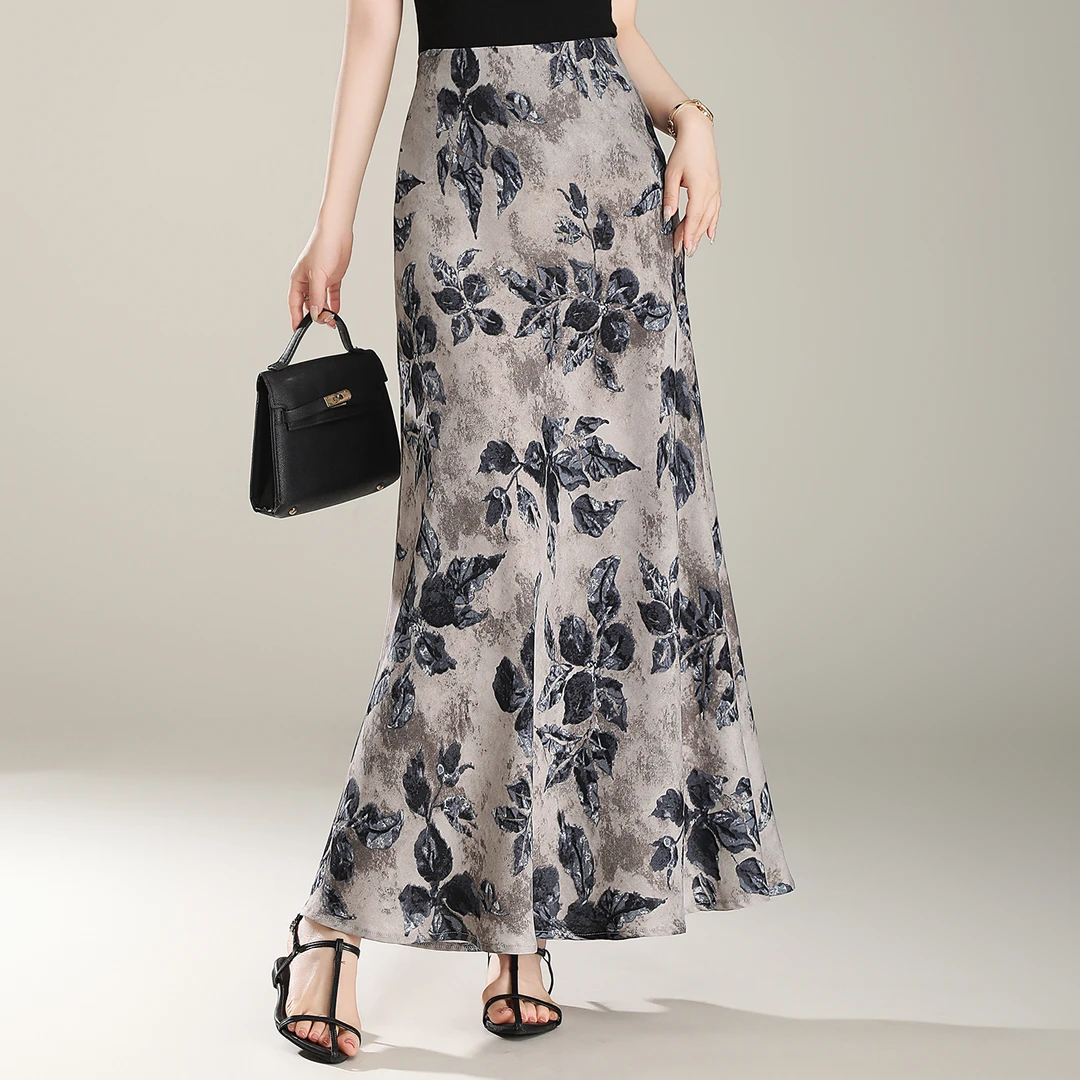 缎面印花显瘦鱼尾裙半身裙女2025夏季新款高腰垂坠感包臀裙子长裙