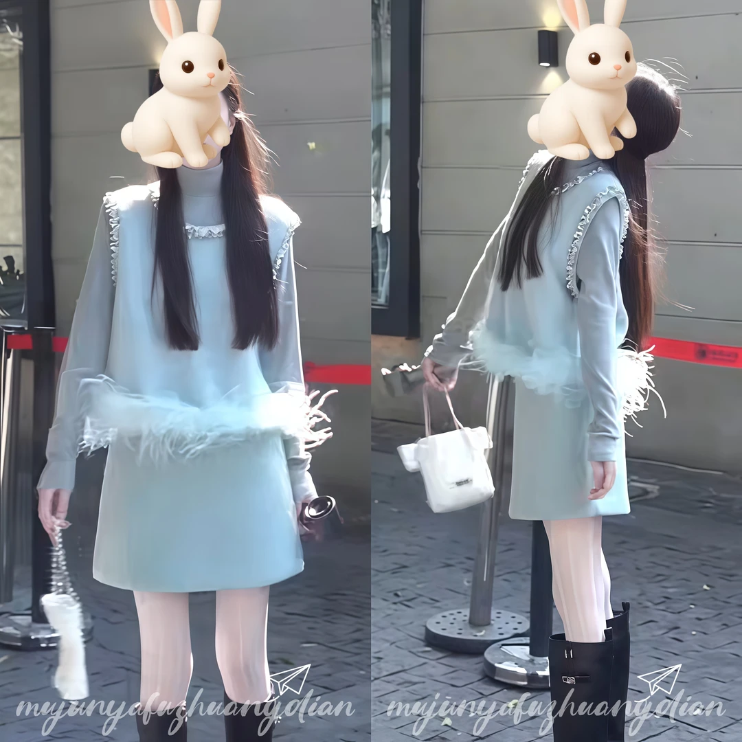 小香风网红时尚三件套冬季新款减龄羽毛拼接钉珠背心短款叠穿上衣