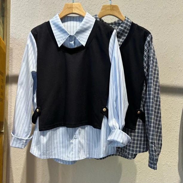 8065气质衬衫领立体裁剪宽松撞色假两件条纹套头衬衫秋款
