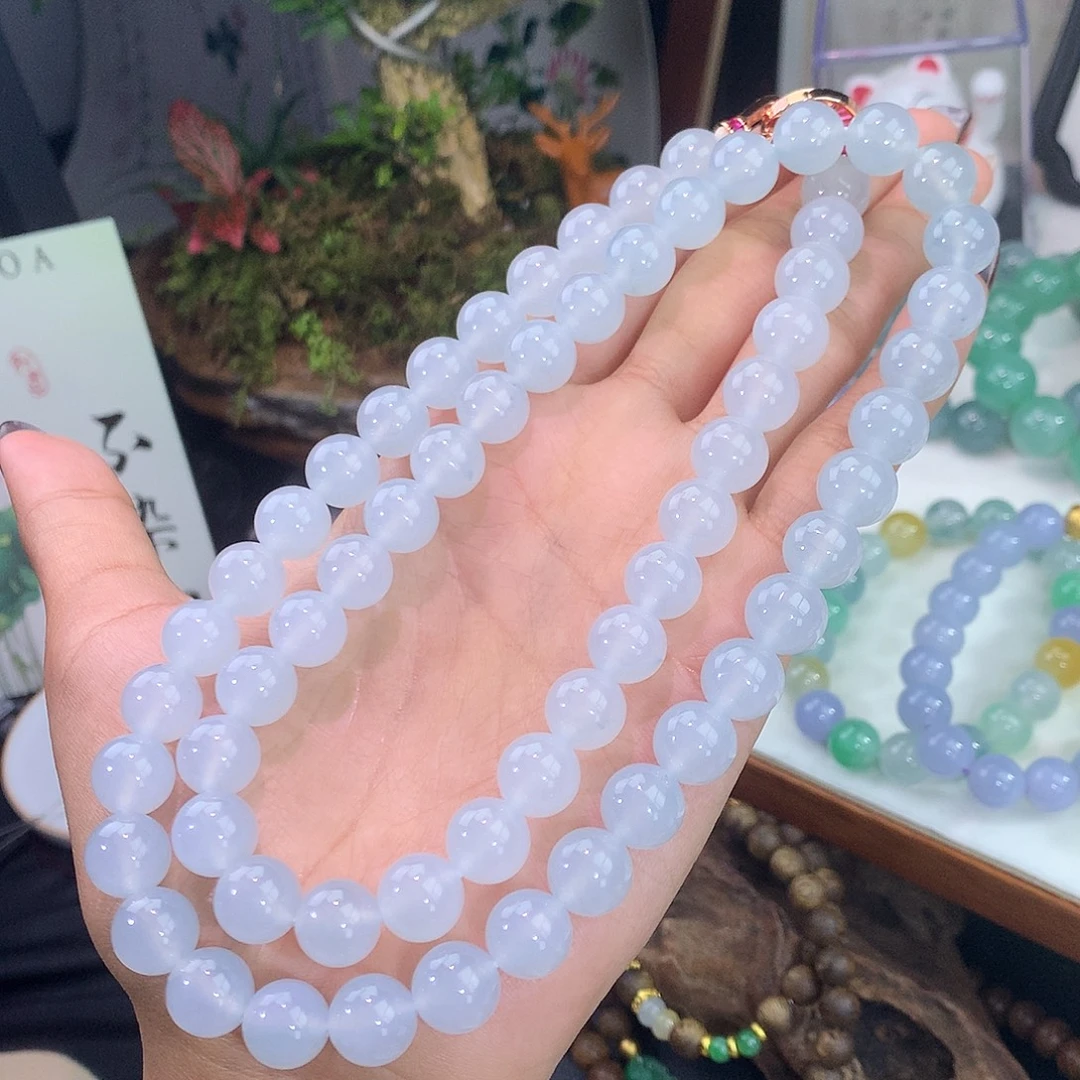 翡翠未镶嵌手链20号 冰蓝飘花项链卡10mm