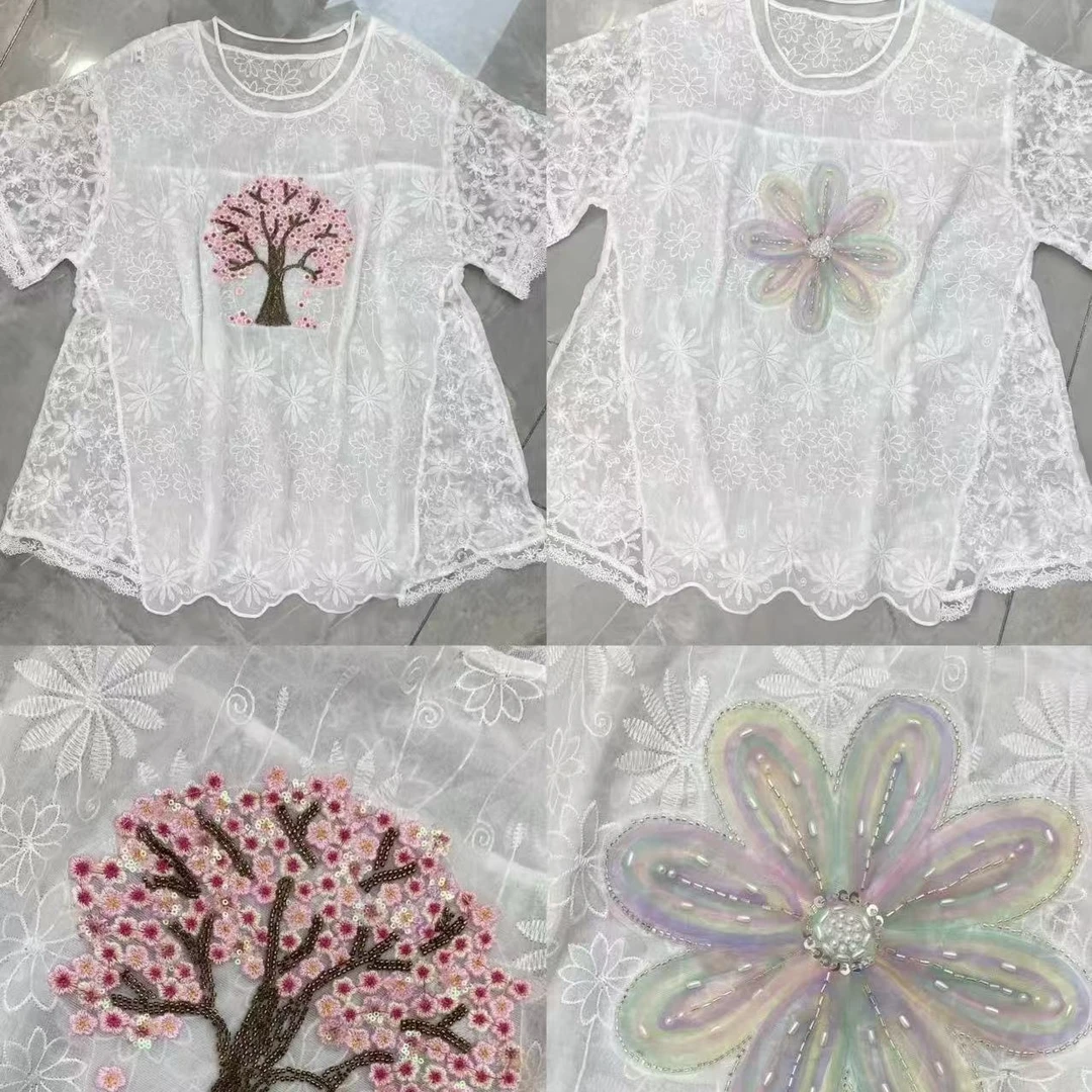 LL琳大码胖m绝美夏装蕾丝提花短袖T恤设计感宽松通勤漂亮上衣2448