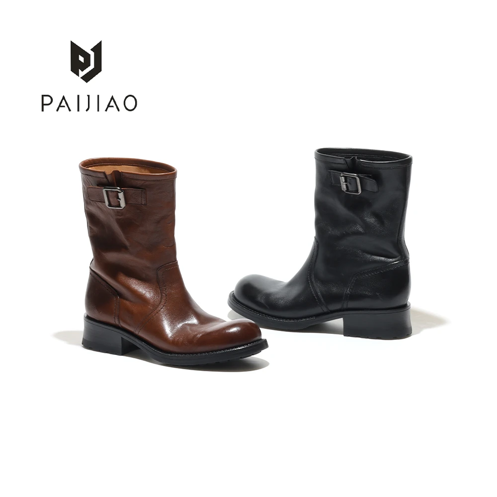 马皮复古圆头带扣酷飒设计搭配美拉德厚底女鞋骑士马丁靴XC1103-1