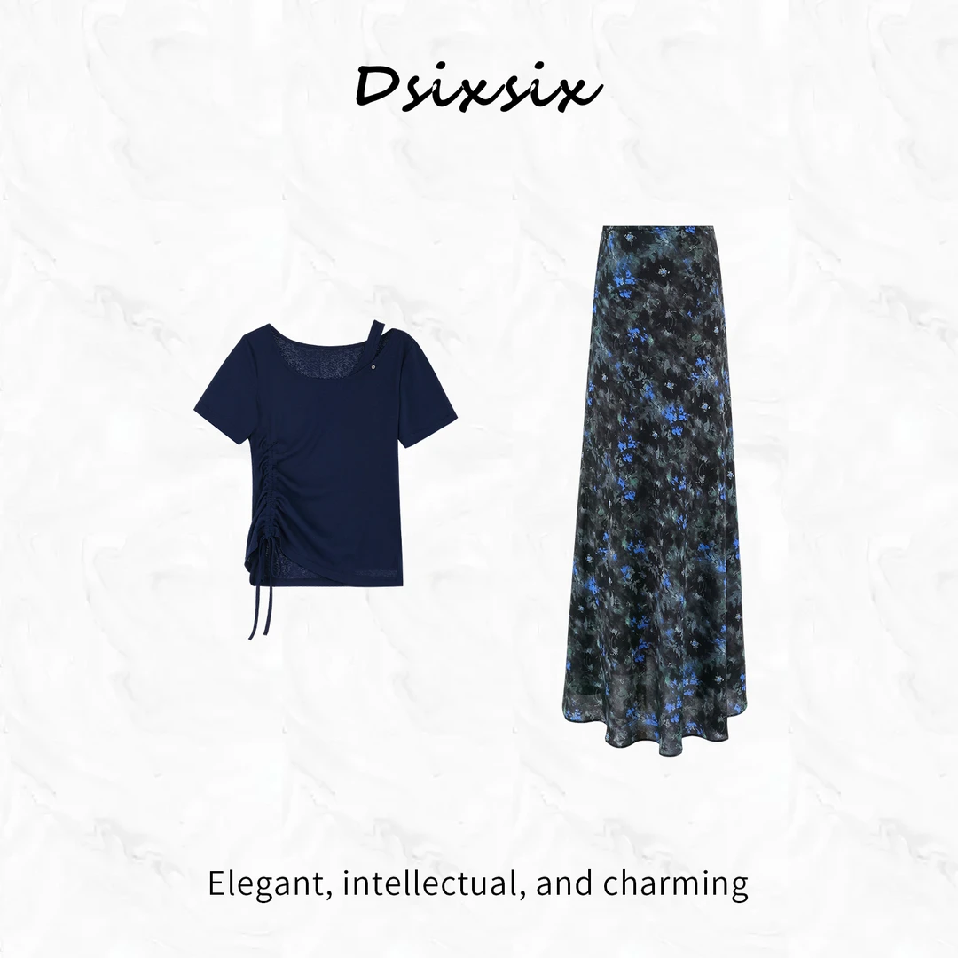 依漾自制【墨池云影】抽褶设计感上衣显瘦半身裙时尚套装