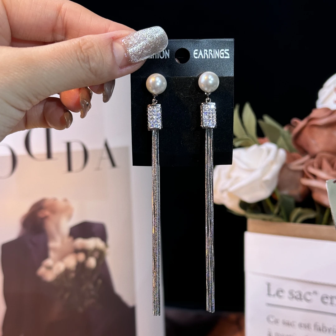 铜合金耳饰 新柔】简约气质轻奢珠珠长款流苏耳环优雅精致时尚耳钉