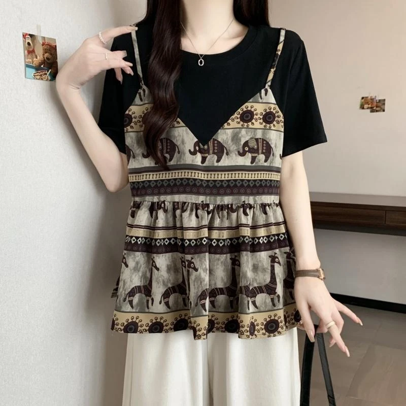 【带运补贴】大码女装2025夏季拼接小众显瘦胖mm短袖假两件短袖上衣