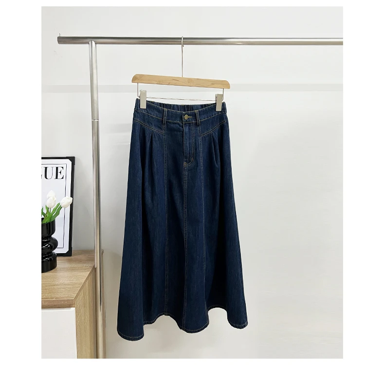 高档牛仔半裙女拉链系扣休闲松紧腰半身裙中长款复古A字伞裙遮胯