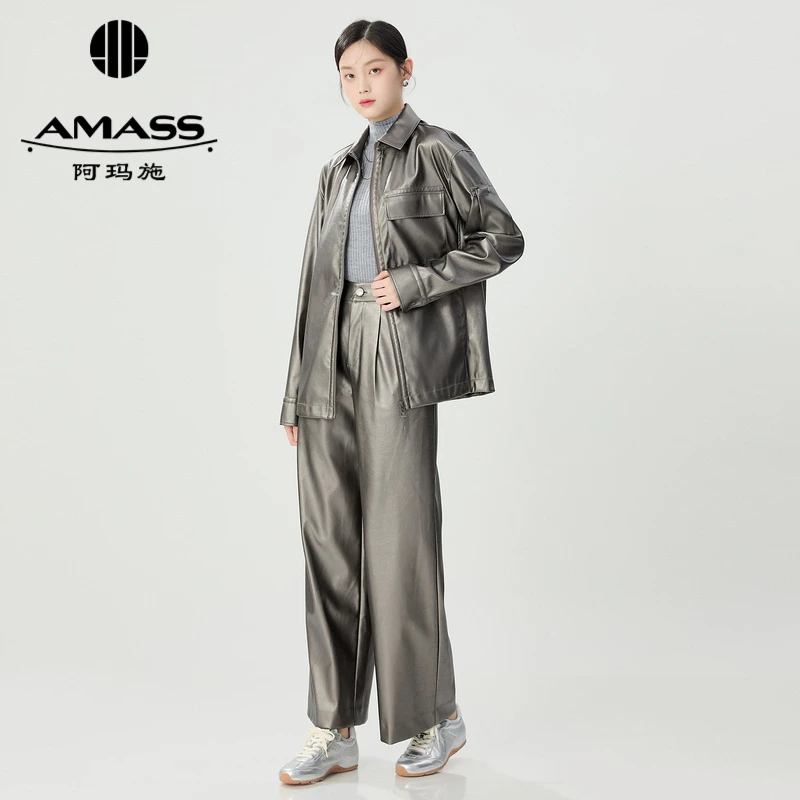 阿玛施AMASS 春秋新款时髦酷girl刷银翻领薄款阿玛施毛毛外套