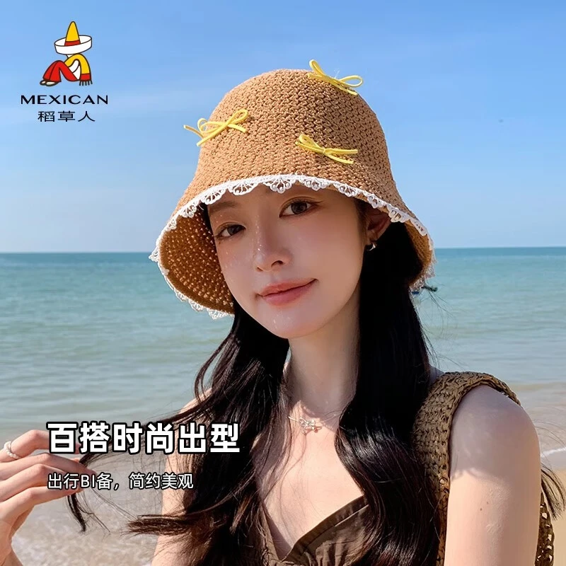 稻草人渔夫帽女2025春夏新款时尚百搭蝴蝶结水桶帽简约针织盆帽洋