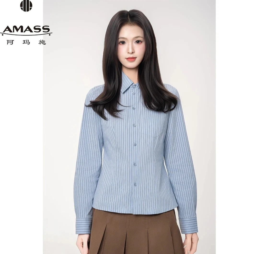 AMASS/阿玛施夏日穿搭经典百搭纯色收身显瘦棉质长袖衬衫530022