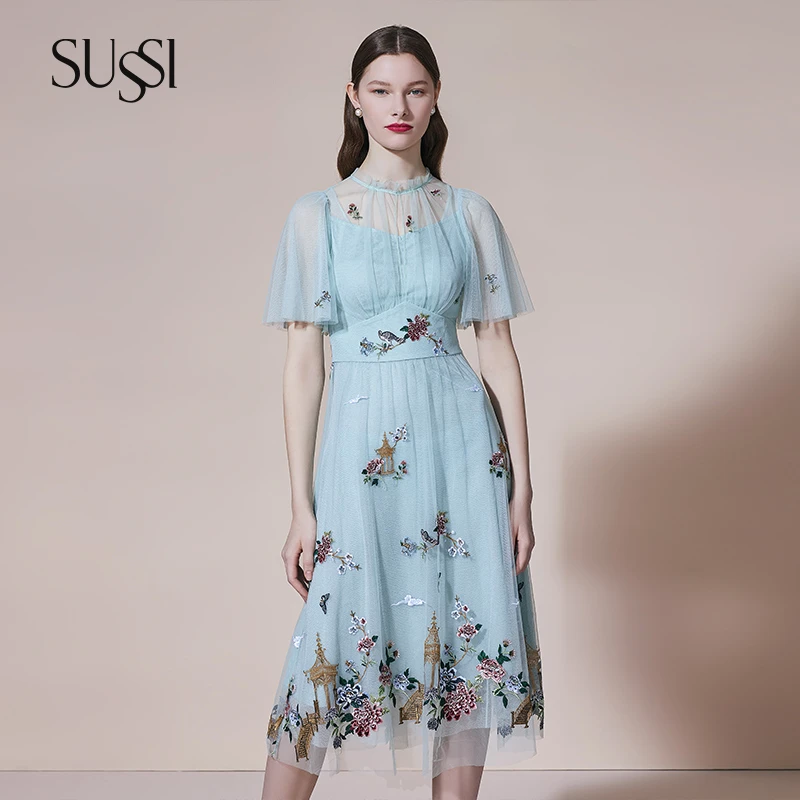 SUSSI/古色秋冬商场同款薄荷绿刺绣温柔仙女气质连衣裙女装