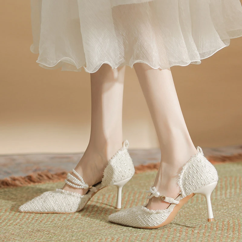 尖头高跟鞋女细跟不累脚珍珠带中空单鞋2025新款时尚气质包头凉鞋