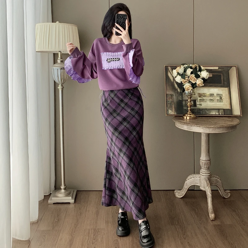 2025秋季新款时尚套装女花边宽松卫衣高腰显瘦半身裙休闲两件套潮