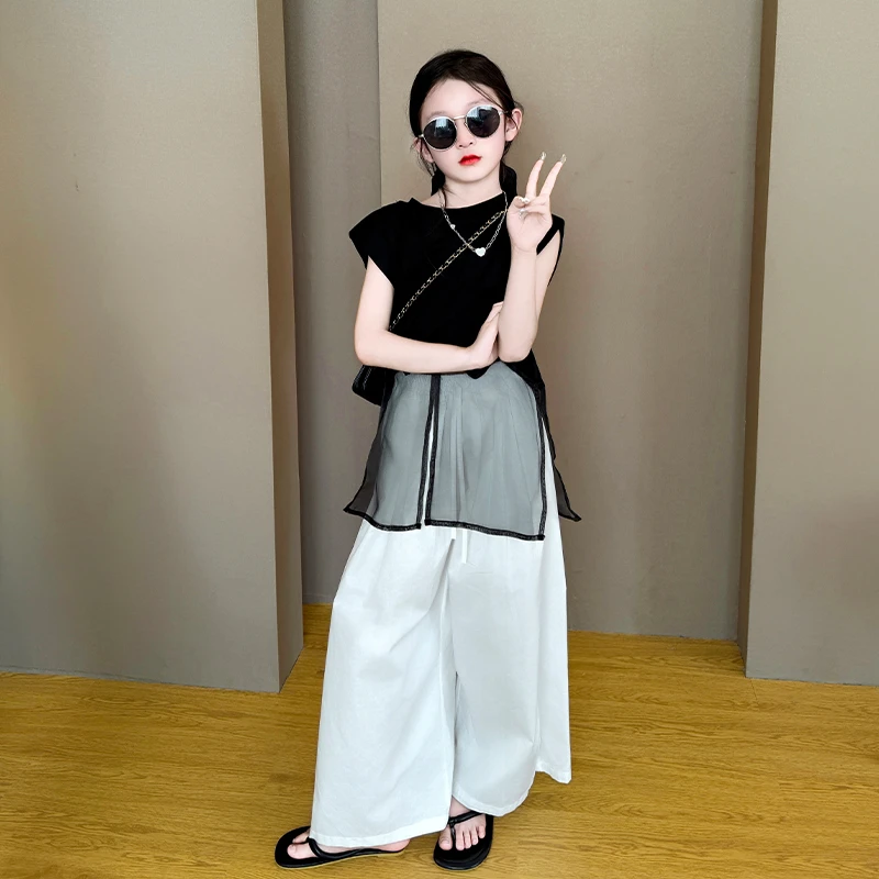 女童T恤夏季2025新款儿童设计感拼接网纱上衣休闲水洗棉裤套装潮