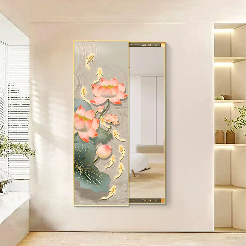 荷花隐藏隐形推拉壁挂推拉镜穿衣镜玄关客厅装饰家用试衣镜挂画