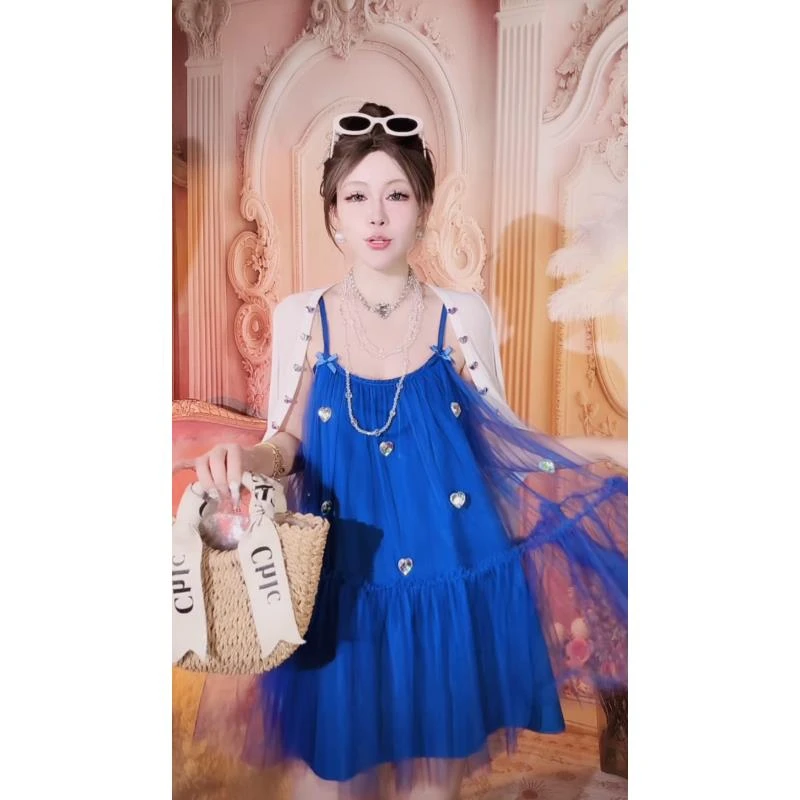 【崔】L0147 蝴蝶结蓝色连衣裙女夏季蓬蓬裙宽松网纱裙子a字短裙