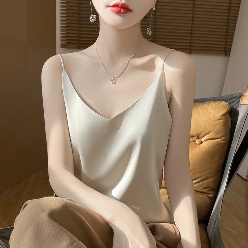 仿真丝缎面吊带背心女单肩带v领无袖西服内搭春夏季性感打底上衣