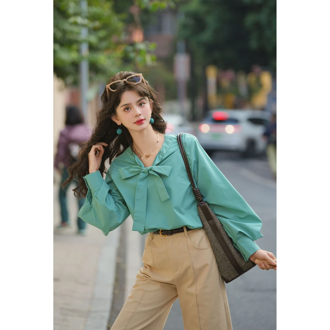 陈佳洁【竹露滴青】港风复古纯色绑带衬衫女宽松显瘦上衣JN1203158