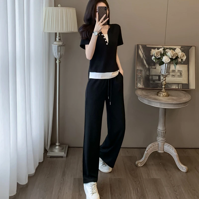 休闲运动套装韩版V领设计感时尚撞色宽松阔腿显瘦长裤气质高级感