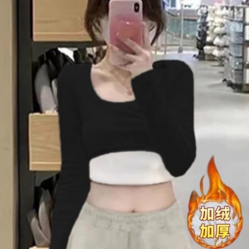 加绒加厚打底衫秋冬内搭德绒保暖正肩长袖T恤女修身显瘦百搭上衣