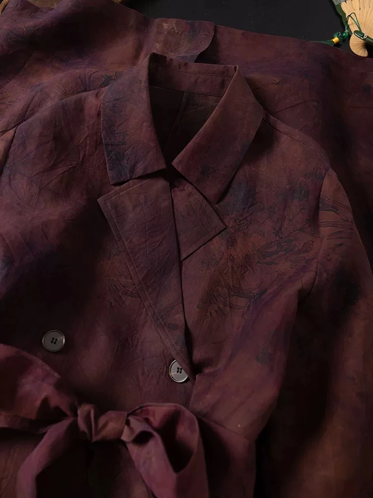【甜蜜觅】夜来香新中式翻领暗色花桑蚕丝香云纱单排扣长款风衣01