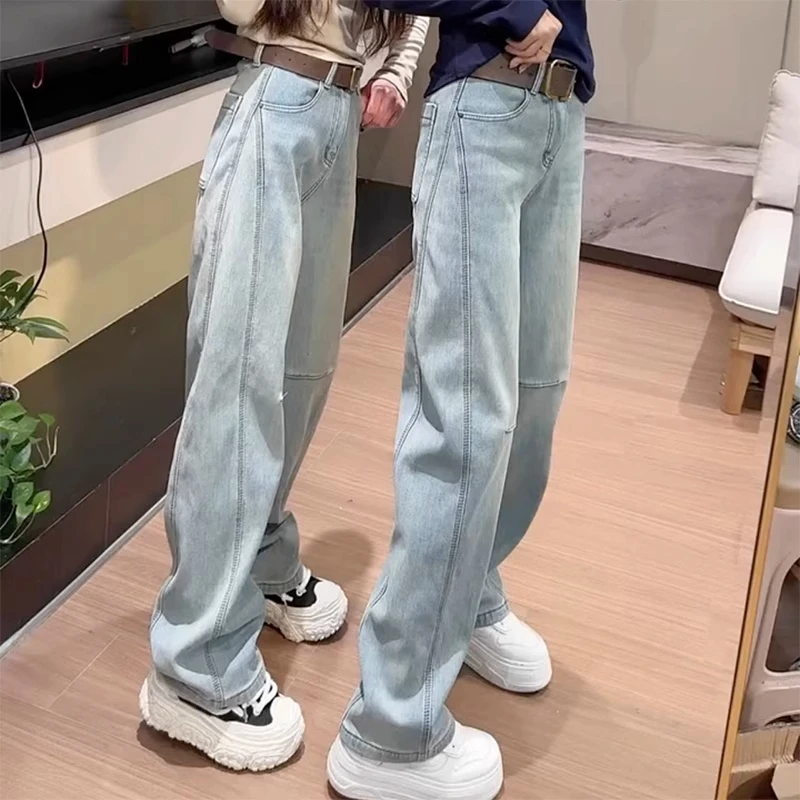 显瘦宽松弯刀阔腿裤子窄版直筒牛仔裤女新款大码拖地裤美少女裤子