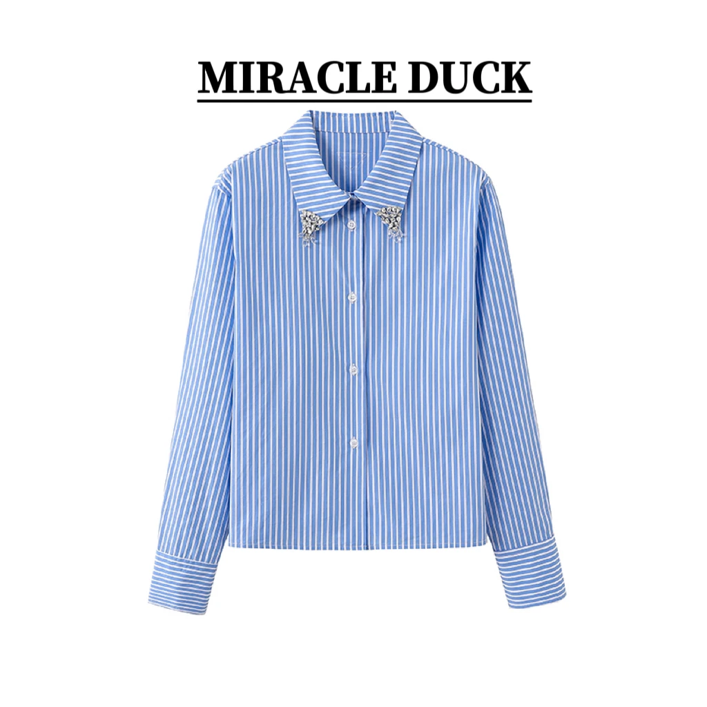 【柑橘海洋】春季重工钉珠休闲纯色长袖条纹上衣衬衫女装C1534