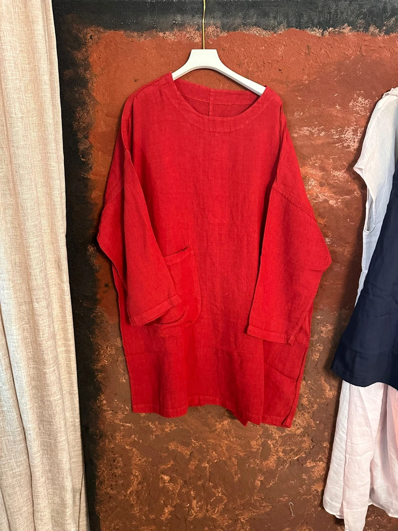 宽松型极简风圆领T恤气质国风复古风度假风中长款胸围130衣长88