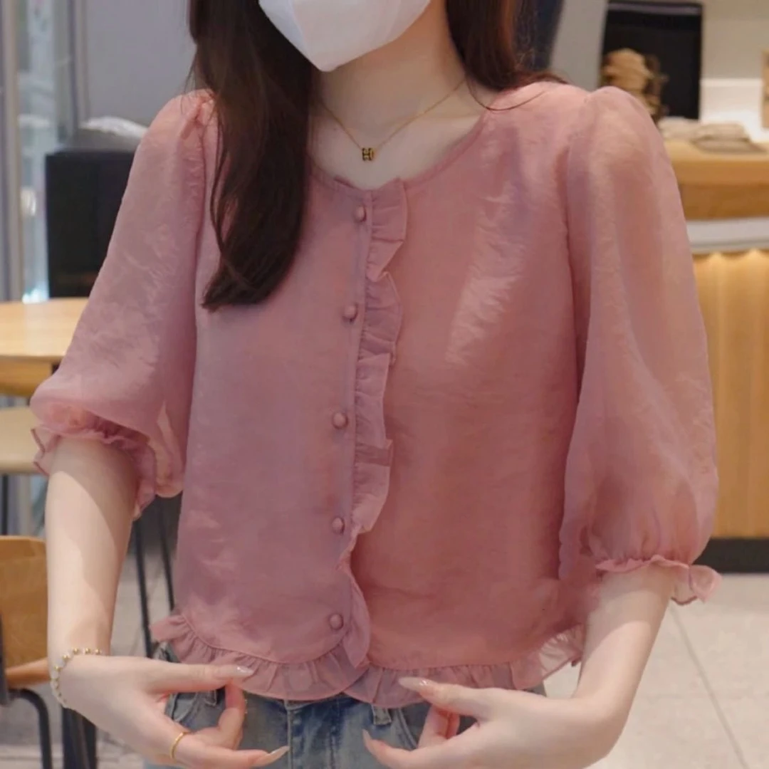 法式温柔风泡泡袖衬衫女2025夏季新款木耳边宽松显瘦减龄雪纺上衣