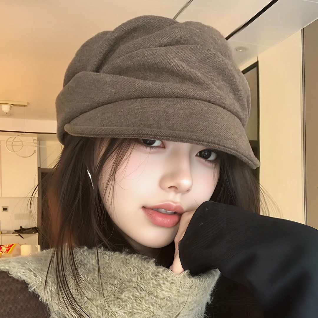 韩系纯色棉麻褶皱贝雷帽女薄款四季百搭显脸小八角帽子文艺报童帽