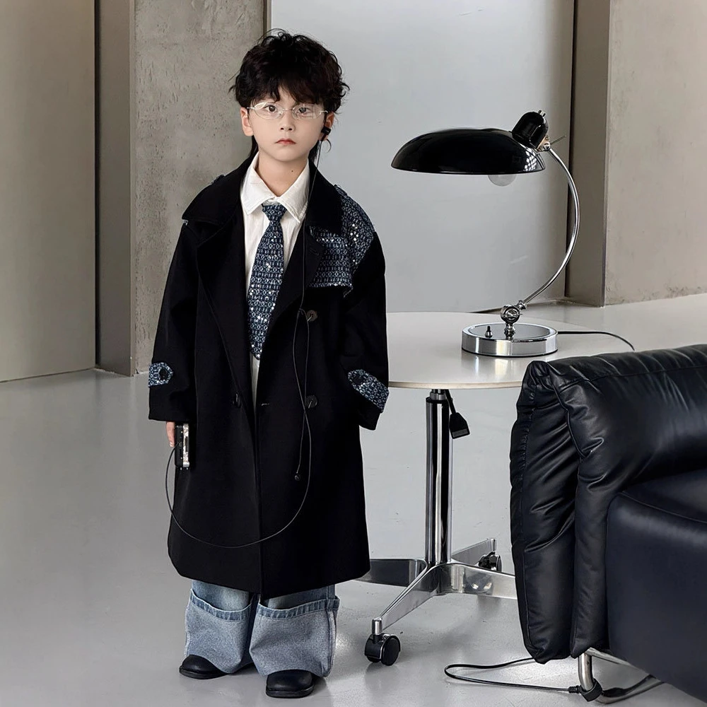 男童风衣2025秋冬新款韩版拼接亮闪大衣儿童长款外套童装