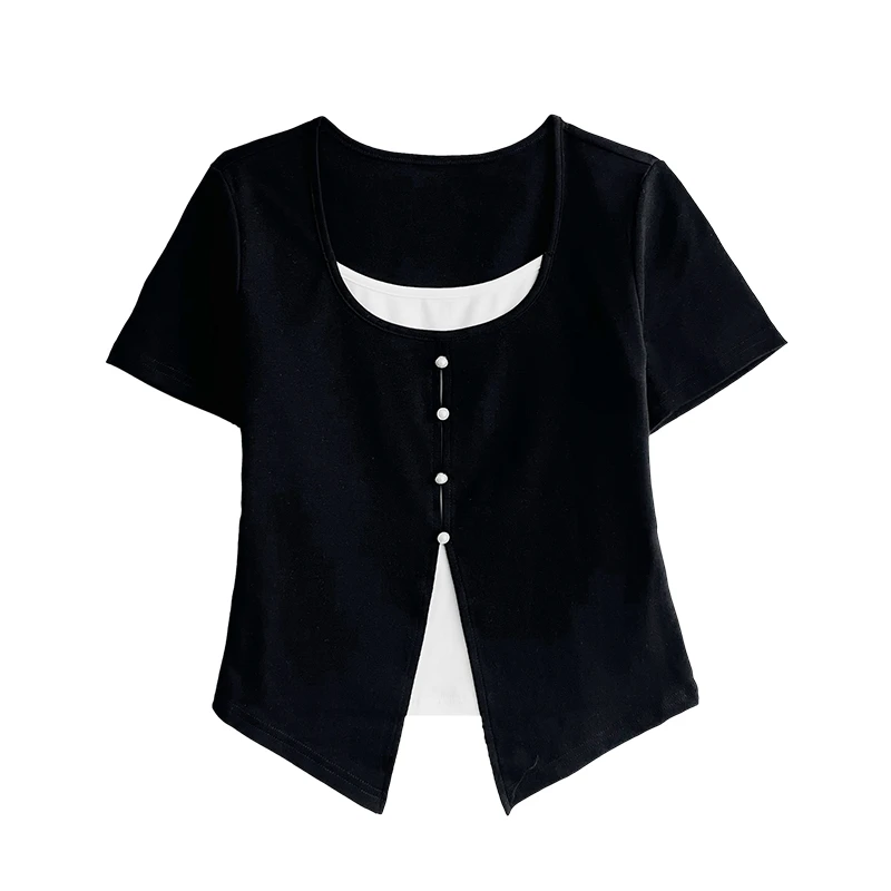 假两件T恤下摆开叉纽扣设计别致开衫洋气短袖37015