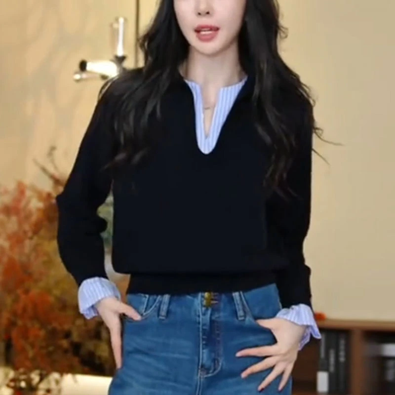 韩系别致百搭条纹拼接针织小衫早春耐看休闲小个子遮肉假两件上衣