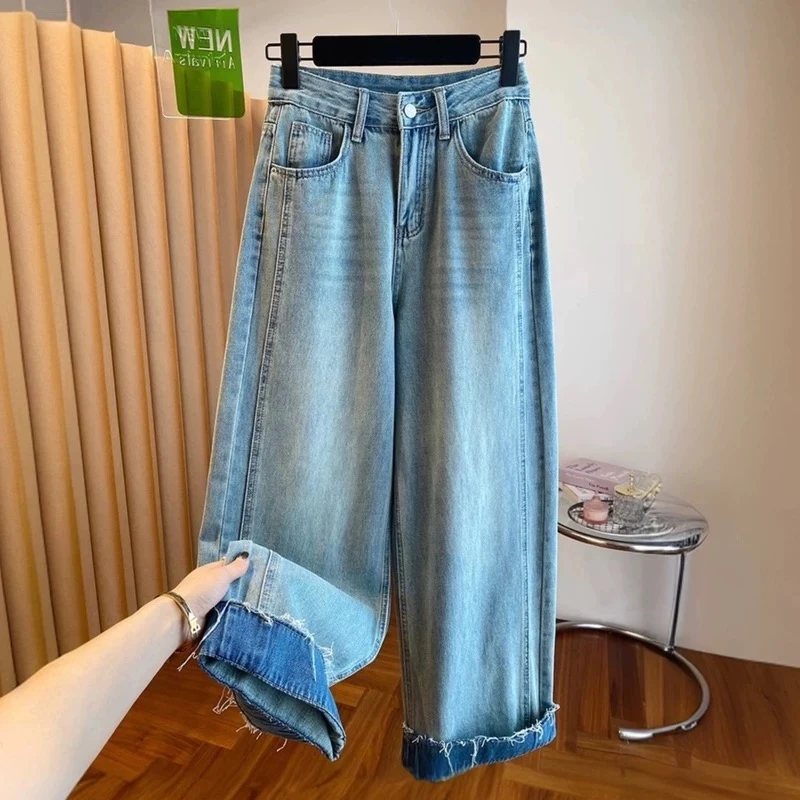 韩国水洗做旧蓝色直筒牛仔裤女春秋2025早春九分宽松休闲阔腿长裤