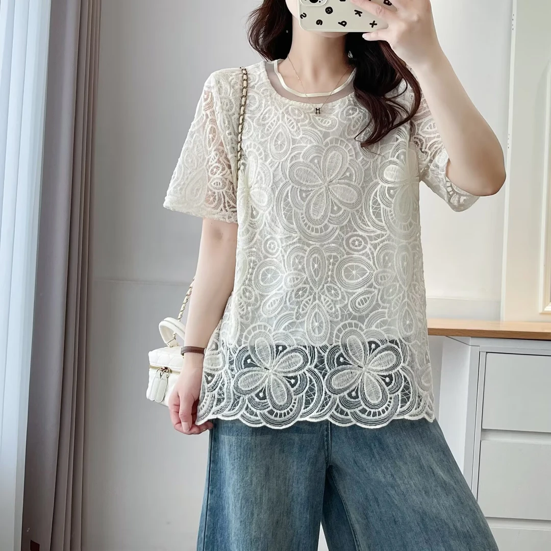 大码女装镂空抗皱宽松圆领T恤蕾丝衫短袖休闲百搭设计感夏季946