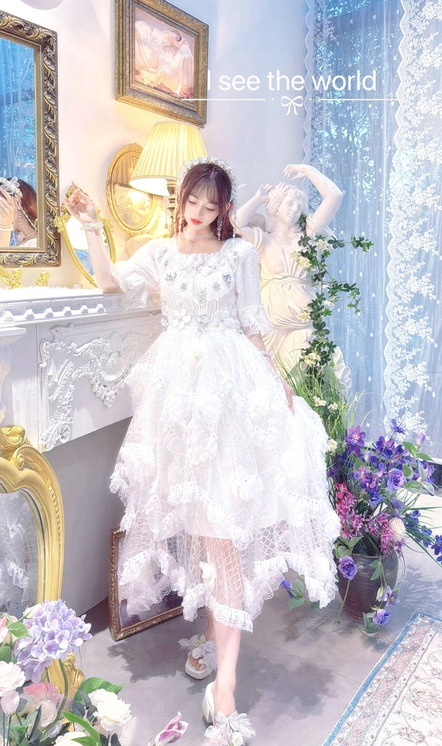 65白色花嫁系列水晶不规则尖尖角水晶摆松紧弹力棉花糖花朵连衣裙