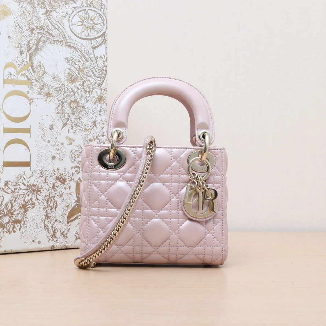 95新 DIOR/迪奥 【娇】戴妃包 三格 粉色 皮革S 2017 603981