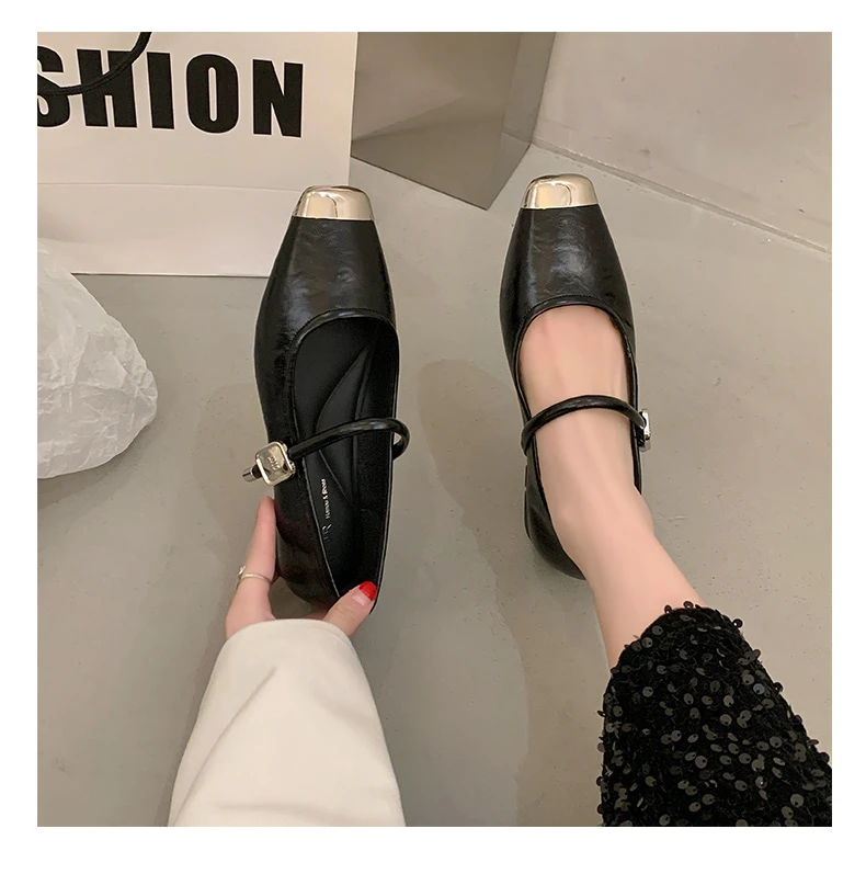 【XINTI-2】方头浅口玛丽珍鞋金属设计软底舒适小皮鞋女春夏季单鞋